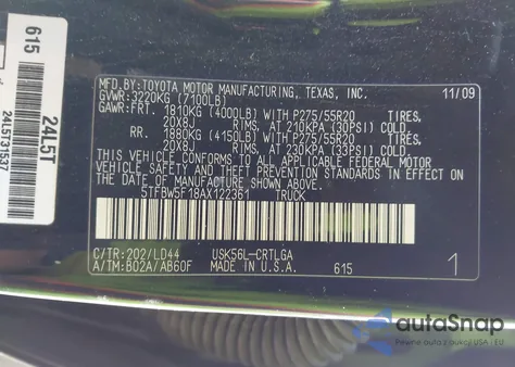 2010 Toyota Tundra Limited 5.7L V8 из США, поврежденный, VIN 5TFBW5F18AX122361